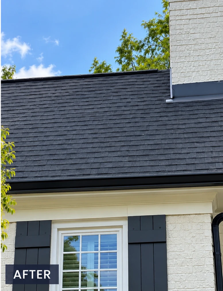 Black algae streaks soft washed from shingles — after professional cleaning in Franklin, TN